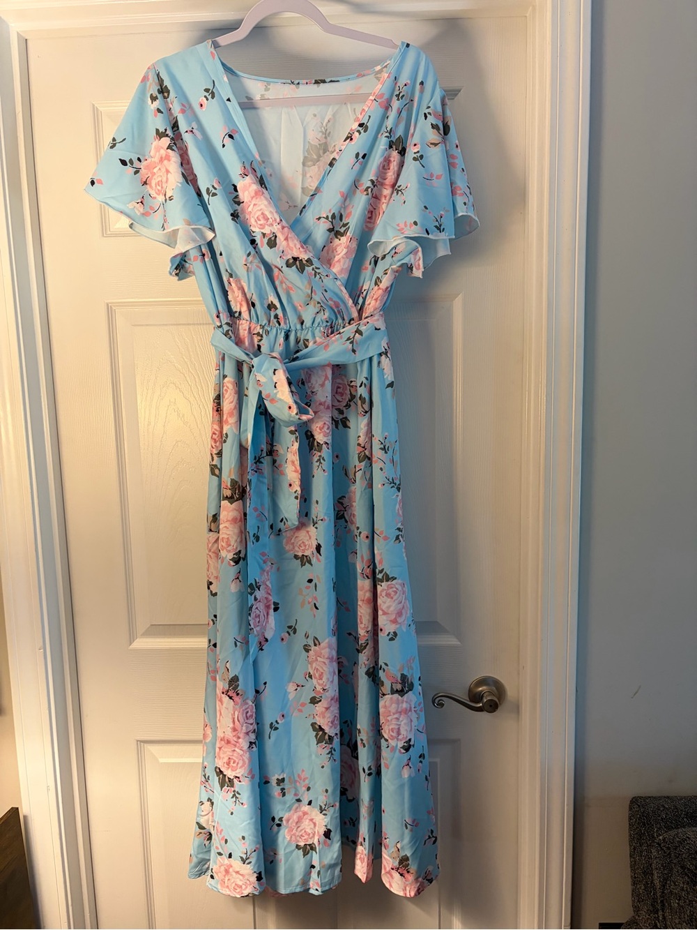 Light Blue Floral Wrap Maxi Dress with Pink Rose Print
